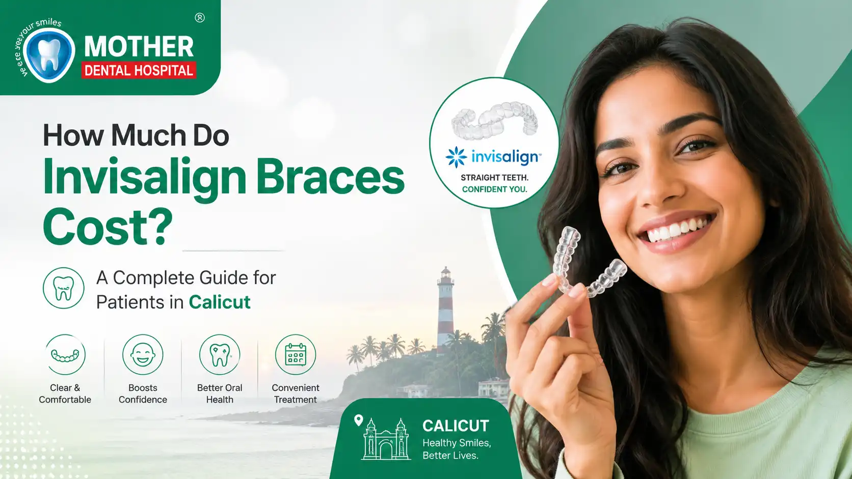 Invisalign Braces Cost guide banner featuring Mother Dental Hospital in Calicut with clear aligners, smiling patient, and Invisalign treatment information